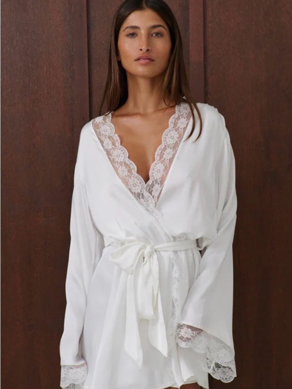 Lace-Trim Satin Wrap Robe - White